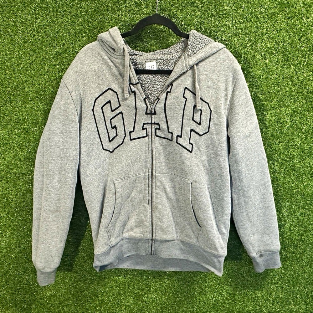 GAP Men's M Gray Full Zip Hooded Cotton Blend Fleece Hoodie Pockets Logo Sherpa